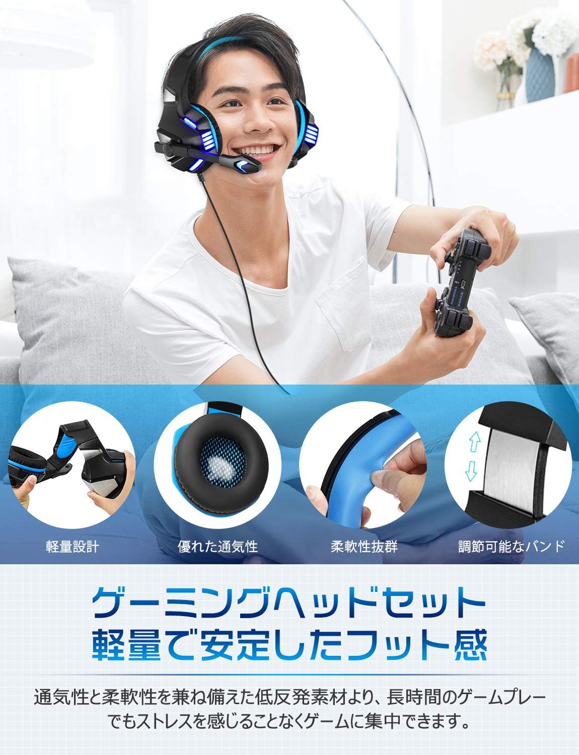 令和モデル ゲーミングヘッドセット 有線 LEDマイク付き ノイズキャンセリング 軽量男女兼用 PS4/PS5/Xbox One対応