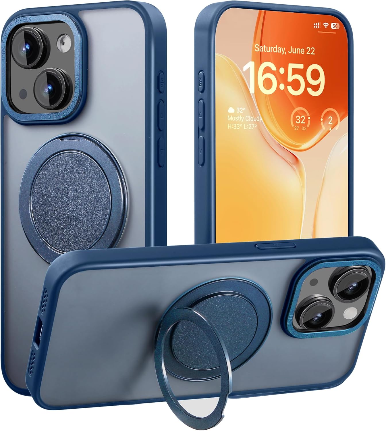 Magsafe対応・スタンド付きiPhone14/13ケース 耐衝撃 マット 半透明 ブルー
