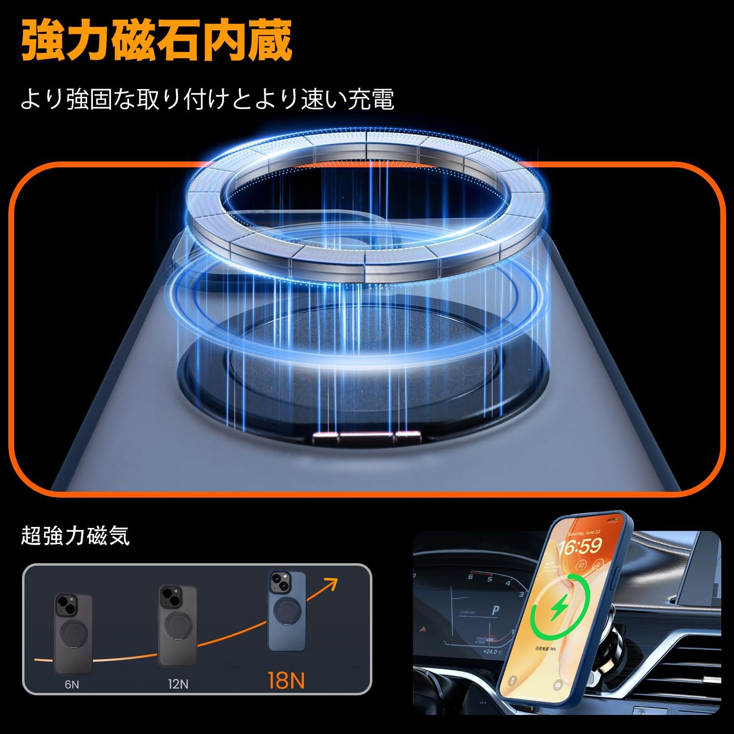 Magsafe対応・スタンド付きiPhone14/13ケース 耐衝撃 マット 半透明 ブルー