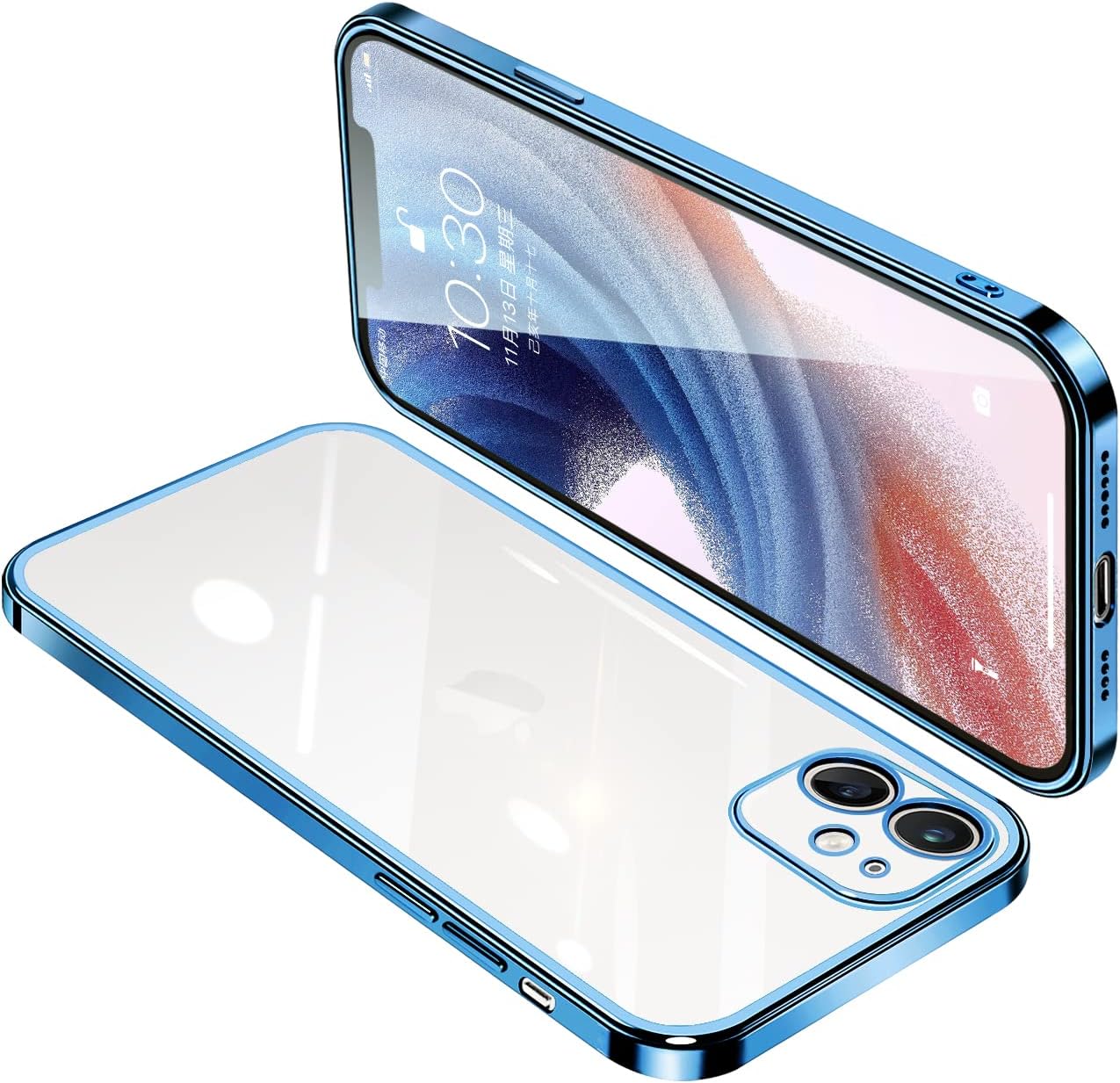iPhone12用クリアケース 薄型耐衝撃 TPU メッキ加工 ストラップホール付き 透明（ブルー）