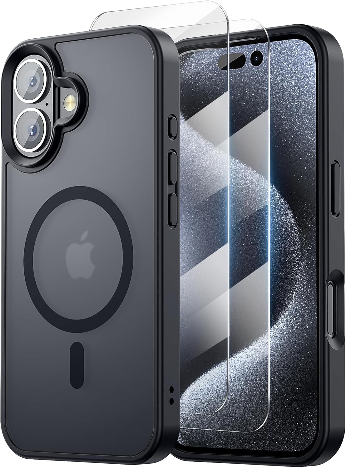 MagSafe対応 iPhone 16 ケース 半透明耐衝撃カバー 画面保護フィルム2枚付き ミッドナイトブラック