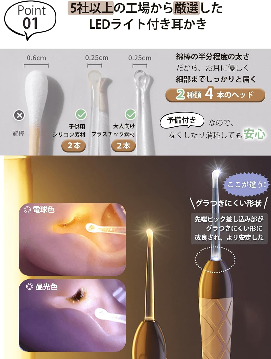 USB充電式LEDライト付き耳かきセット（子供用・シリコン・光るピンセット・合金ブラック1本付き）