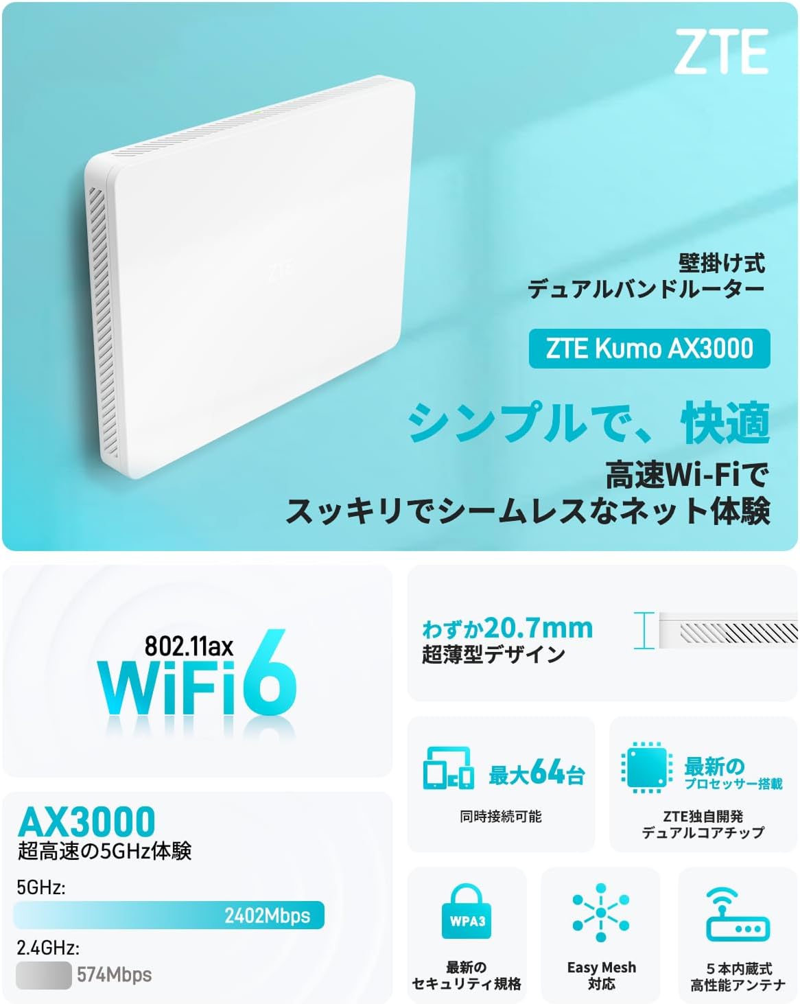 ZTE WiFi 6 ルーター AX3000 薄型 壁掛け スタイリッシュ ホワイト 省スペース メッシュ対応 デュアルバンド