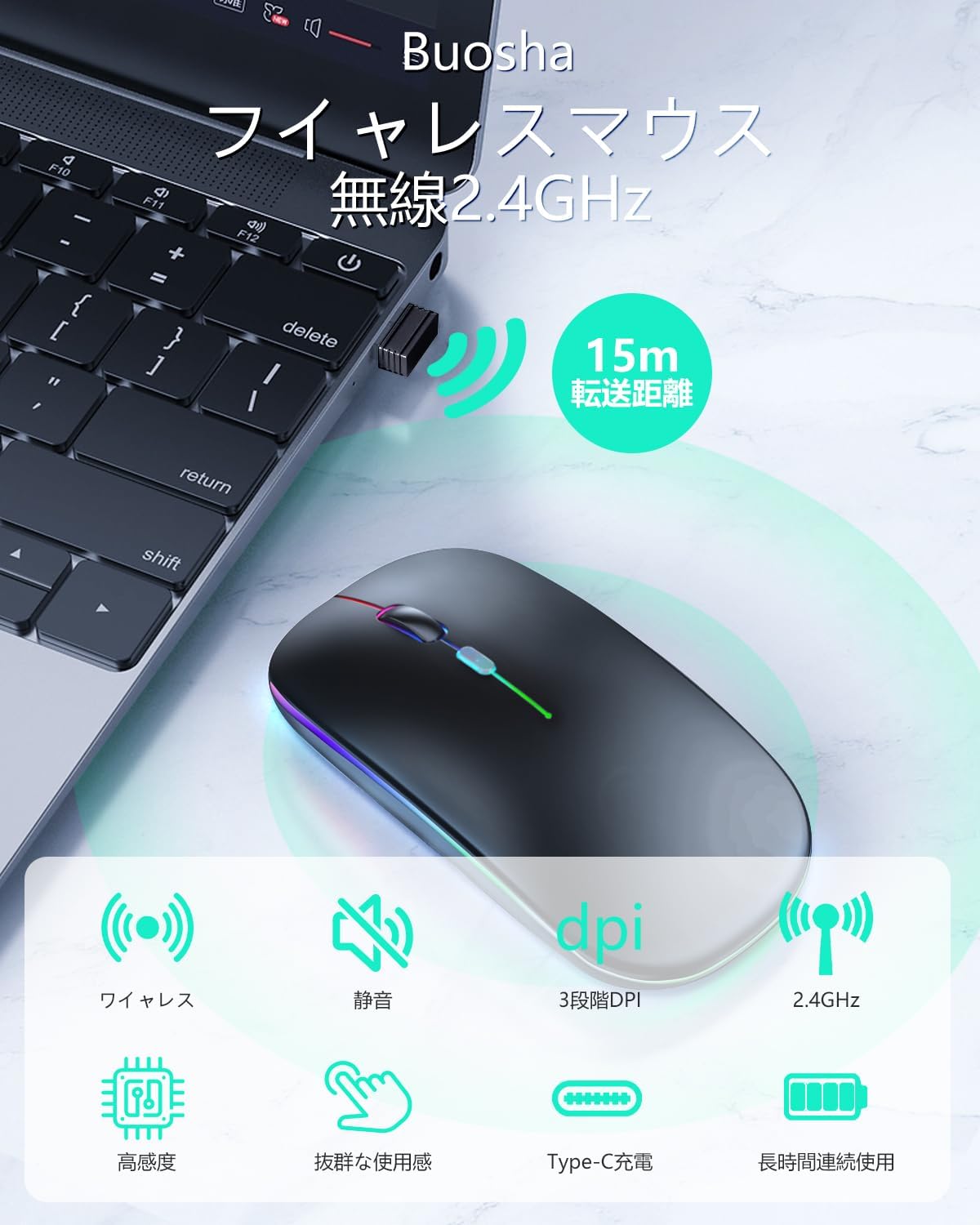 2025年モデル 無線高精度静音ワイヤレスマウス Type-C充電式 省エネ 7色ライト付き