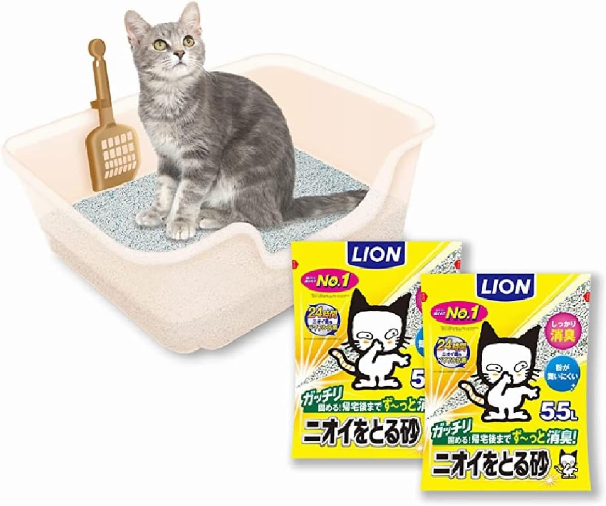 ライオン 猫トイレセット 無香料砂 5.5L×2袋 消臭力高 鉱物系