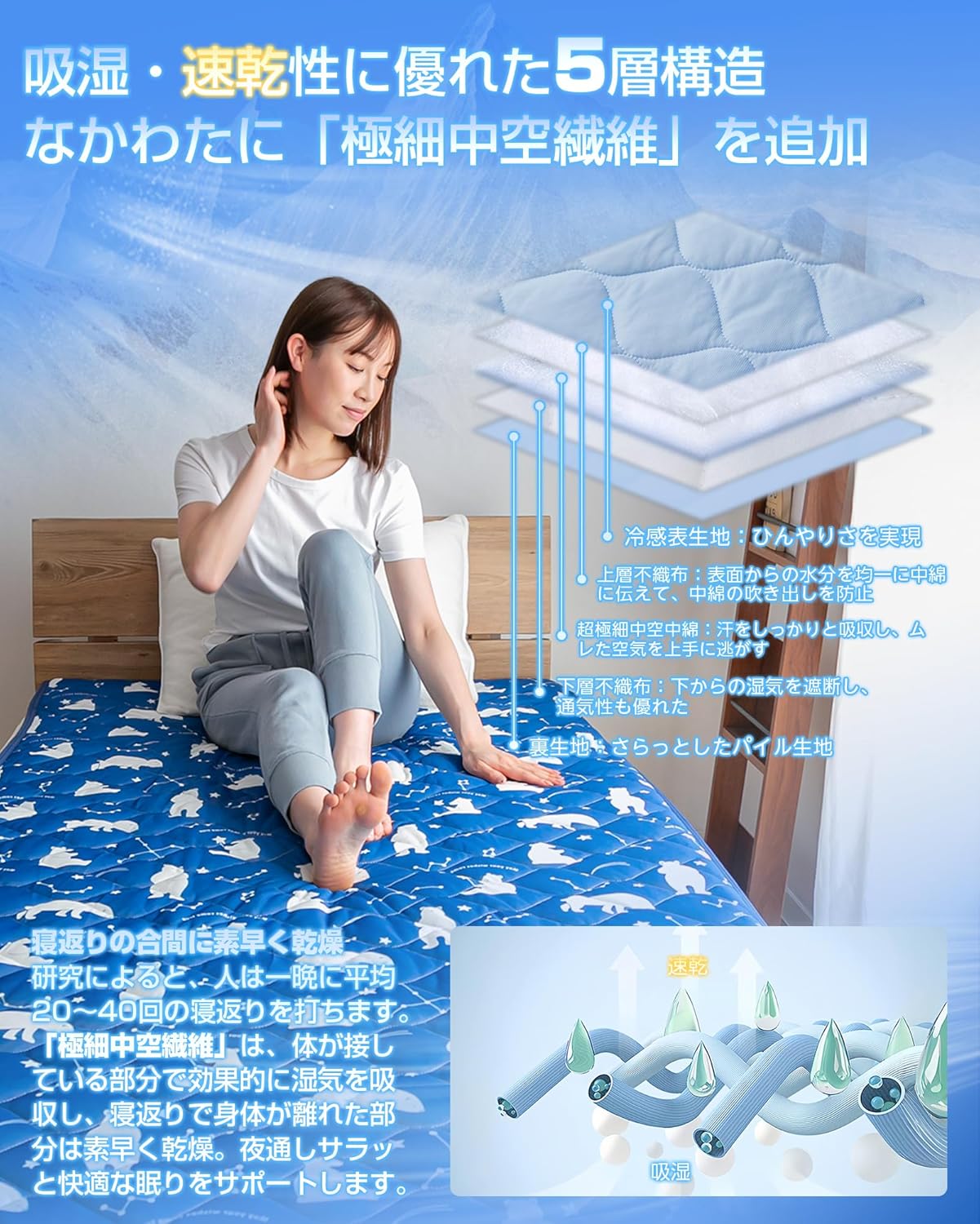 ひんやり夏用シングル敷きパッド シロクマ柄 抗菌防臭 TEIJIN高機能繊維使用 100×205cm