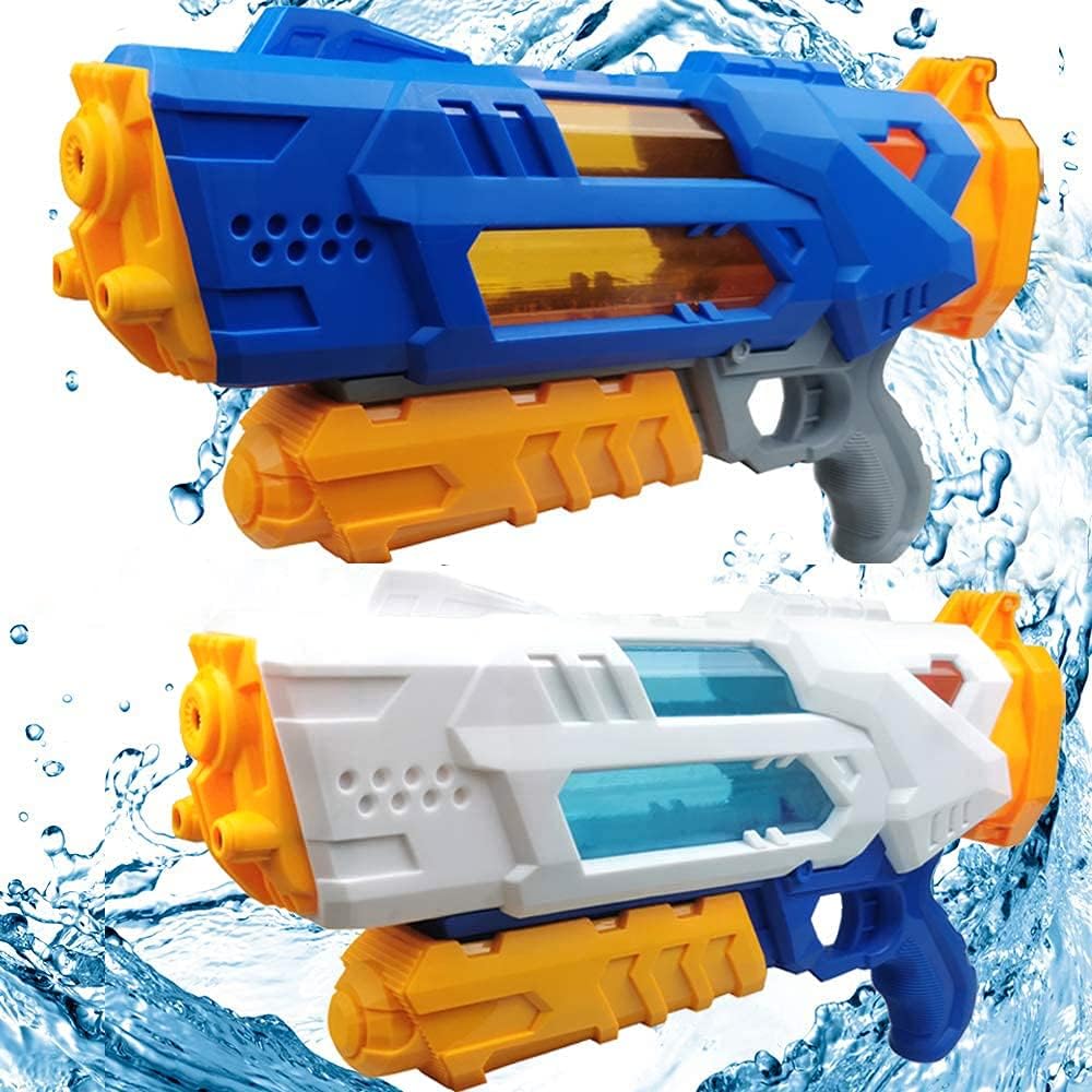 「水遊びおもちゃ 2025 Kithouse 超強力水鉄砲 2本セット（飛距離10m・大容量1200CC・3ノズル）ホワイト+ブルー」