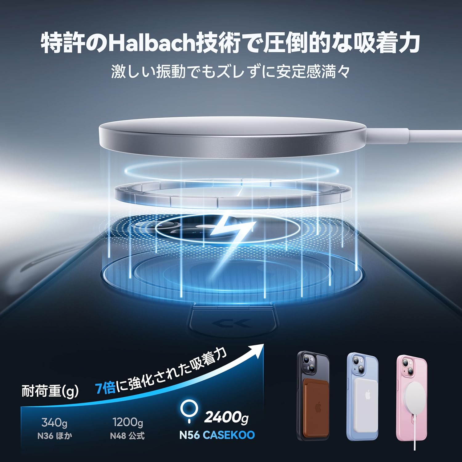 iPhone 15用 4in1耐衝撃ケース 超強磁力・マット仕上げ・ワイヤレス充電対応（ブラック）