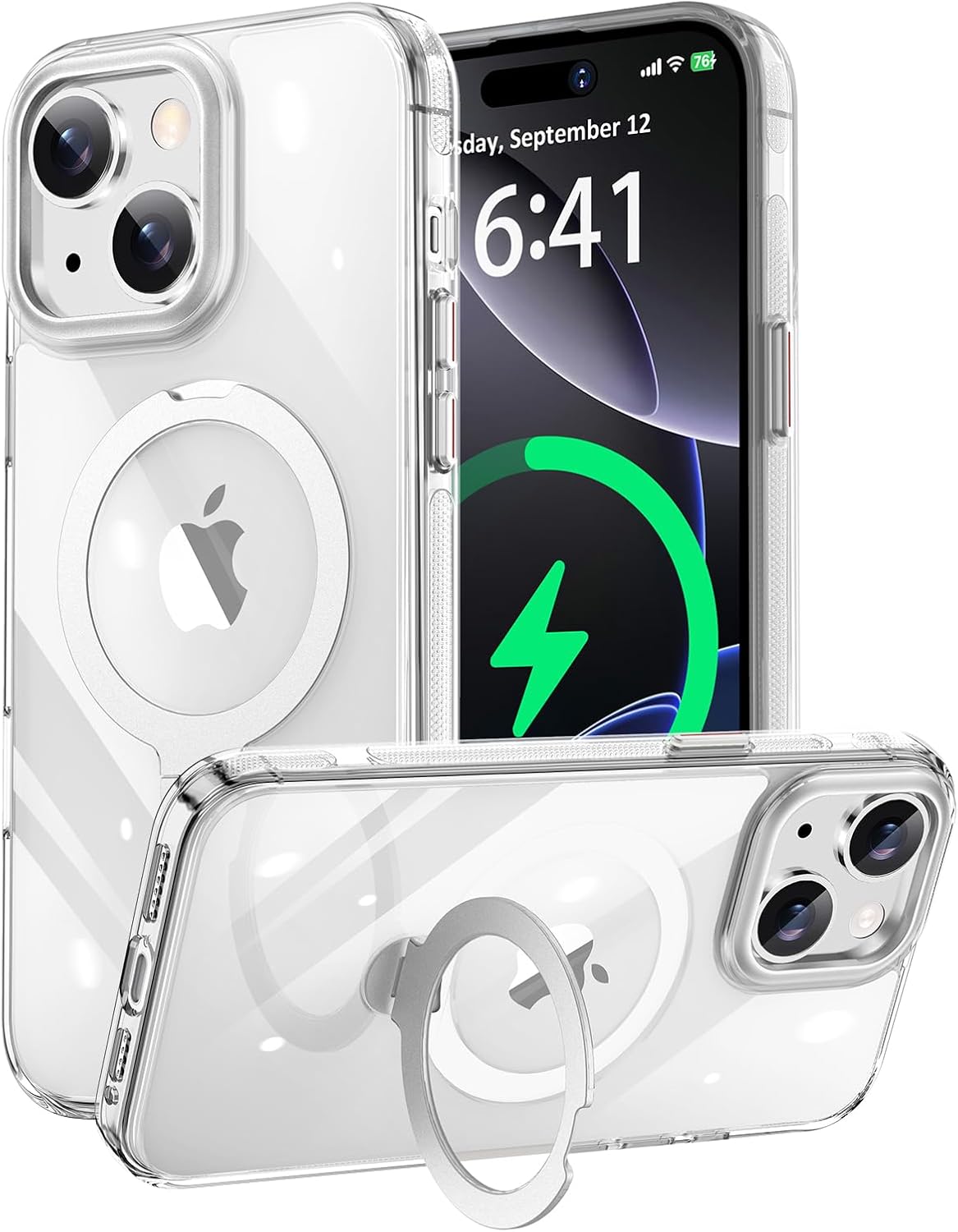 iPhone 15用 MagSafe対応クリアケース 360度回転スタンド付き 耐衝撃 滑り止め 黄ばみ防止
