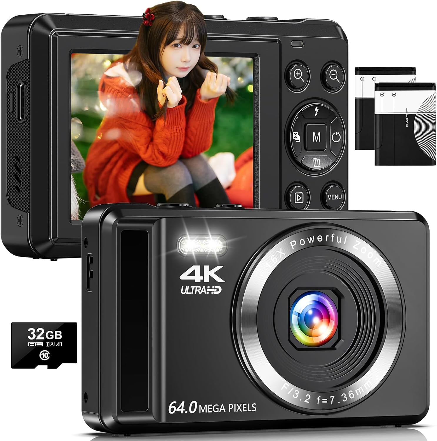 初心者向け4Kデジタルカメラ 6400万画素 AFオートフォーカス 笑顔検出 充電式 32GBカード付属 ブラック