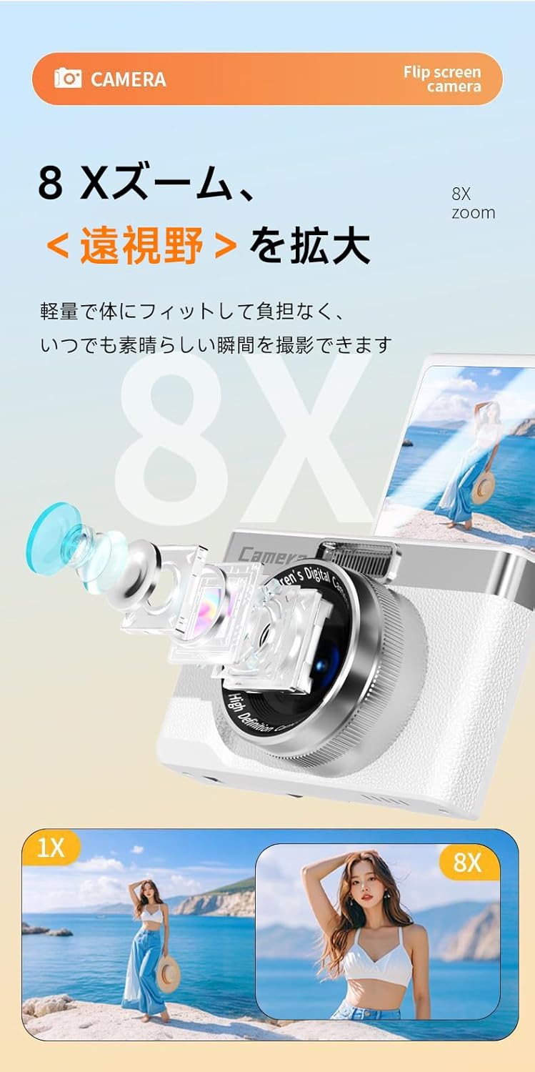 4Kデジタルカメラ 9600万画素 自撮り対応 32GB SDカード付属 卒業式 旅行用 (煌白)