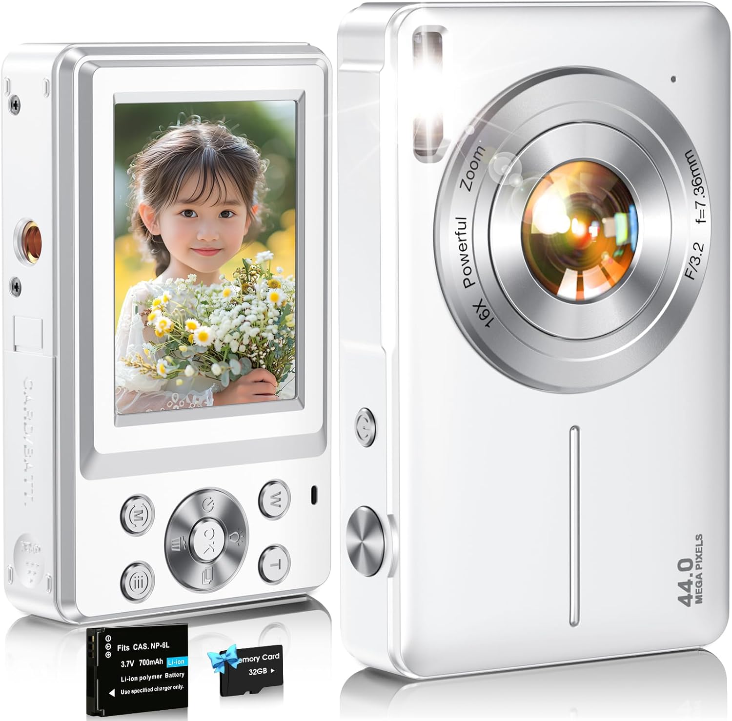コンパクトデジタルカメラ 16倍ズーム 44MP FHD1080P 予備バッテリー付き 32GBカード 子供/初心者向け