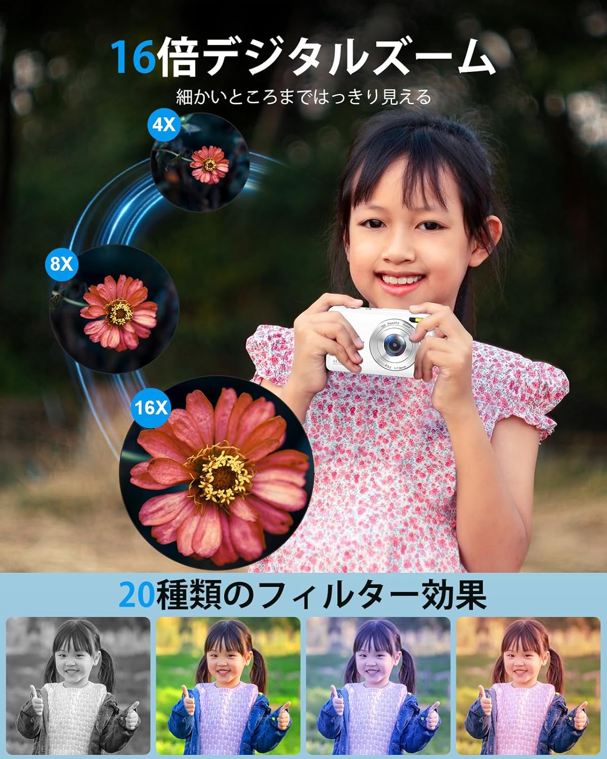 コンパクトデジタルカメラ 16倍ズーム 44MP FHD1080P 予備バッテリー付き 32GBカード 子供/初心者向け