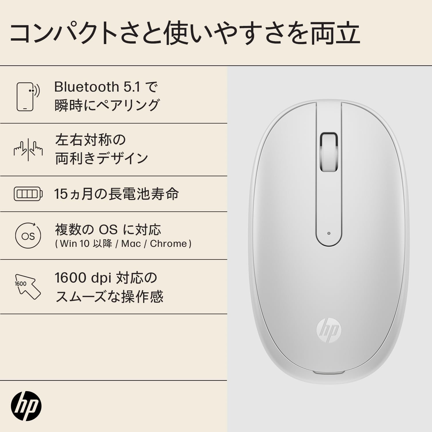 HP 240 薄型 Bluetooth 5.1 ワイヤレス光学式マウス 白【国内正規品】