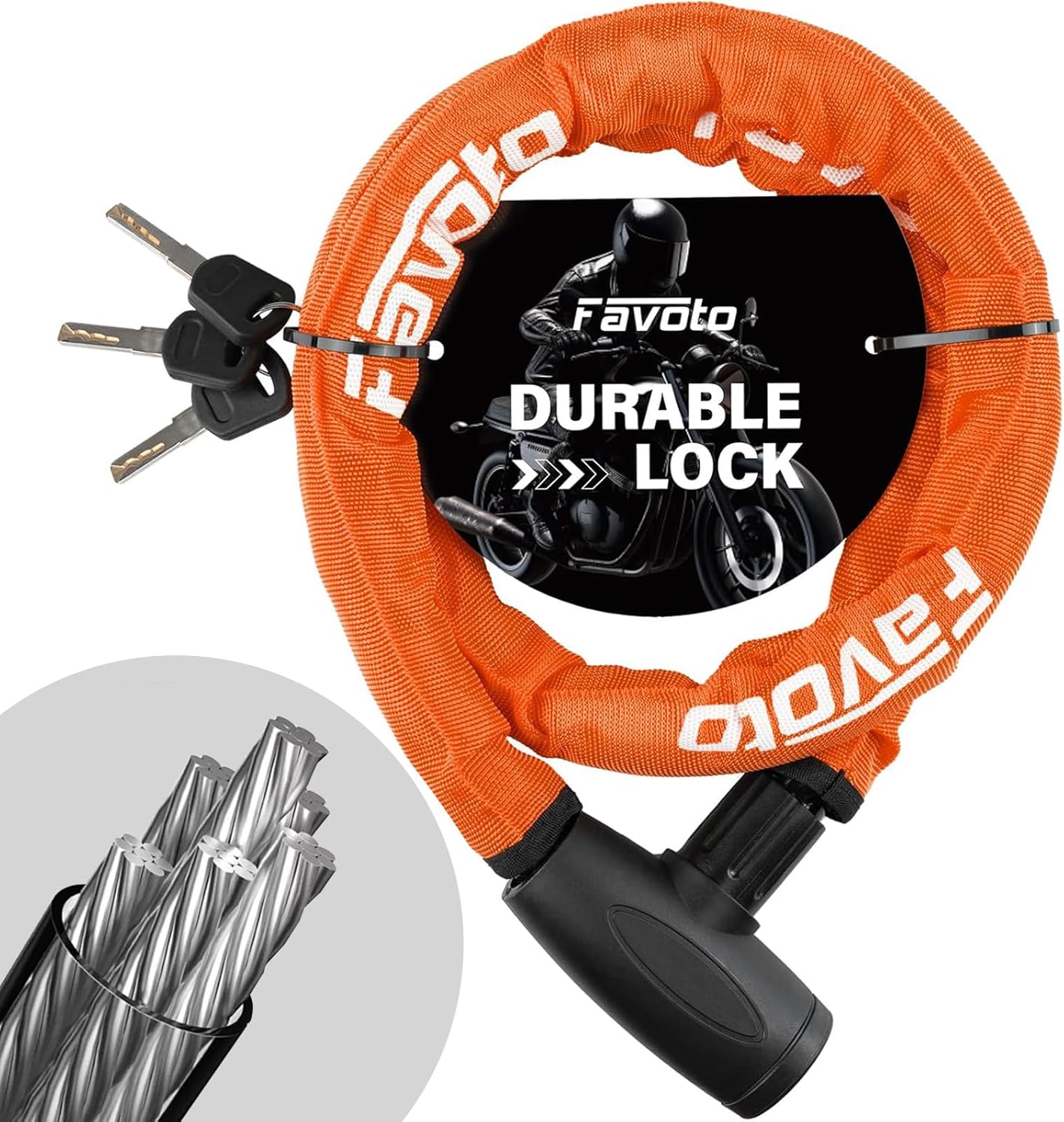 頑丈な極太チェーンバイクロック 盗難防止 φ22mm×1200mm 鍵3本付き オレンジ