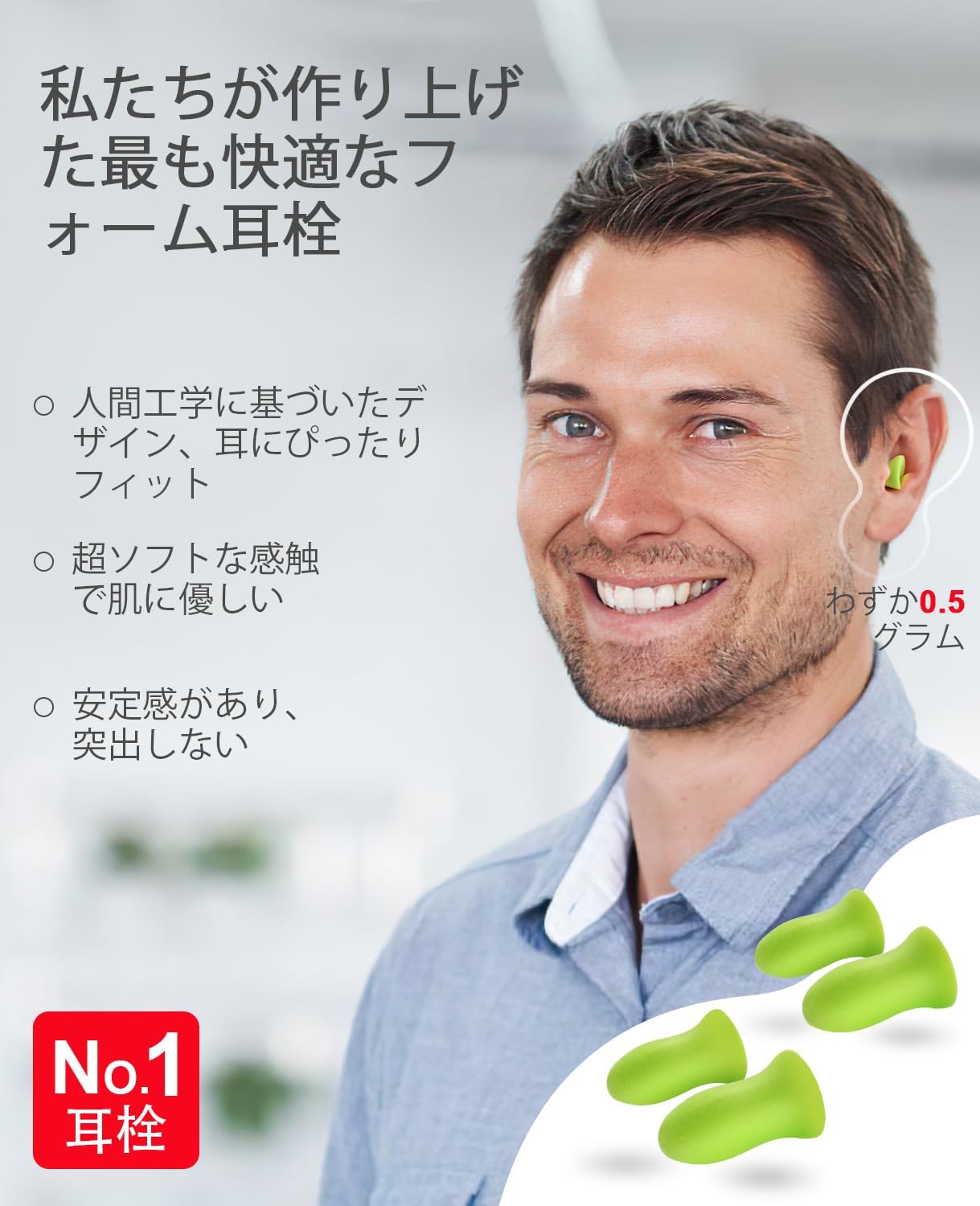 睡眠用ソフトフォーム耳栓 5ペア -36dB 再利用可能 ノイズキャンセリング (ライトグリーン)