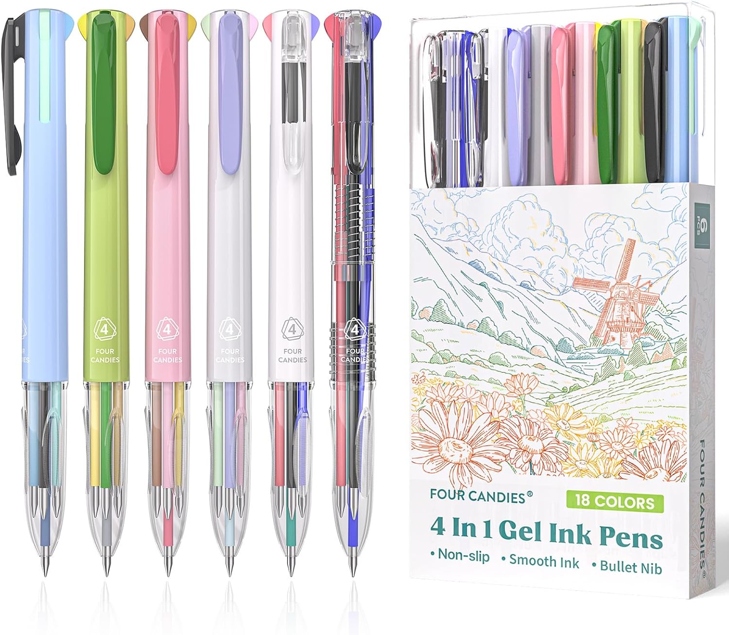 4色ボールペン6本セット（0.5mm）多機能筆記具 便利なかわいい18カラーインク