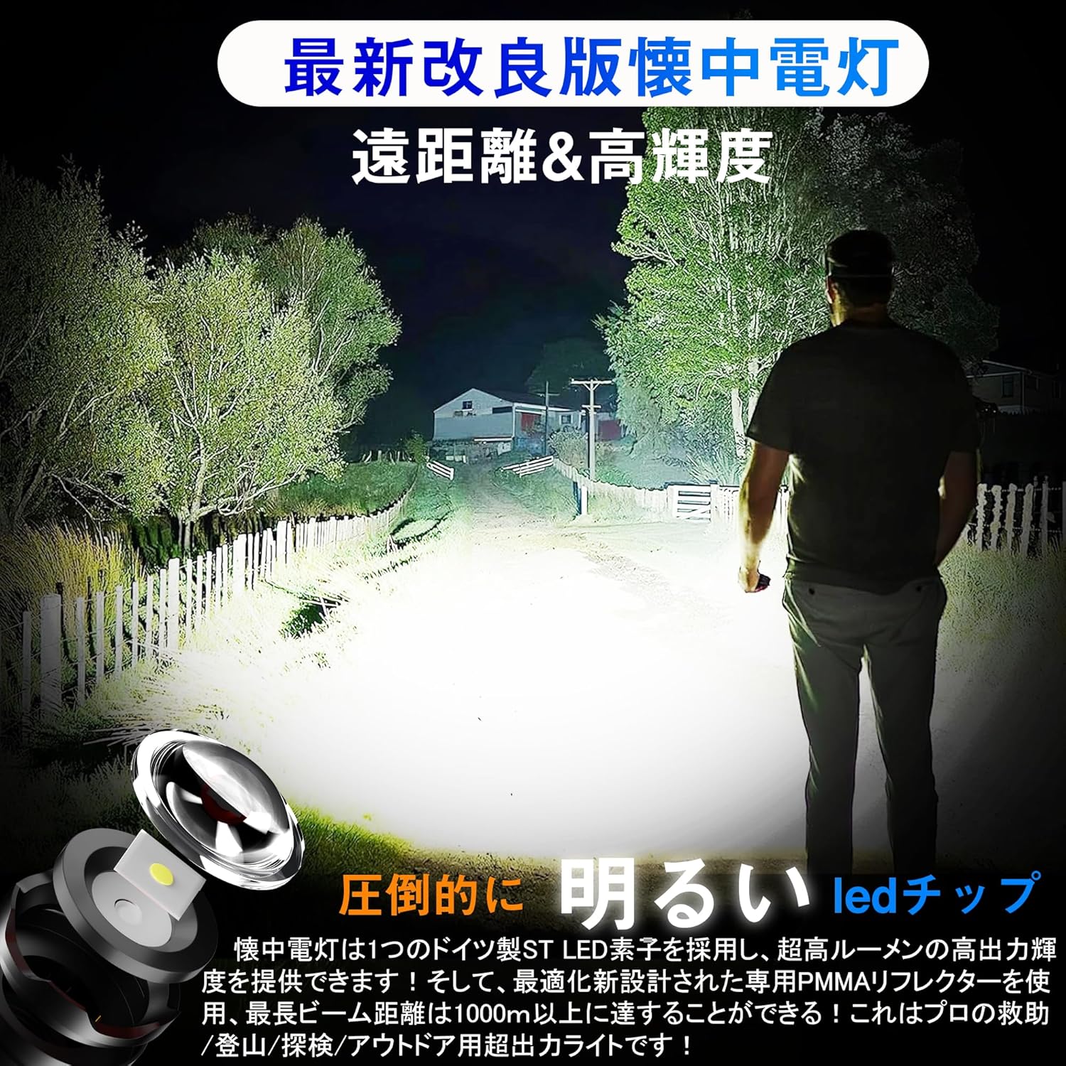 USB充電式 軍用懐中電灯【2000000ルーメン・IPX6防水・記憶機能】