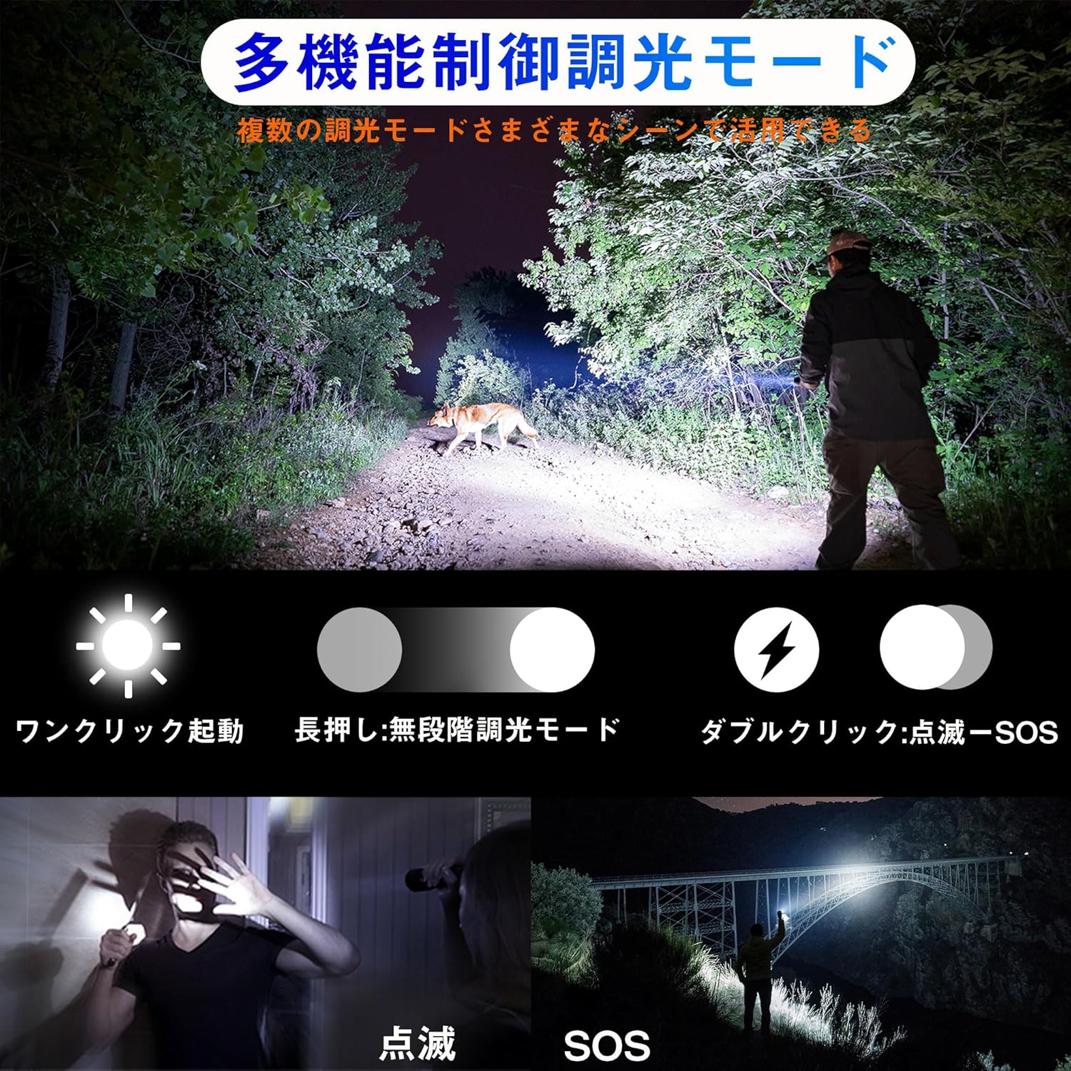 USB充電式 軍用懐中電灯【2000000ルーメン・IPX6防水・記憶機能】