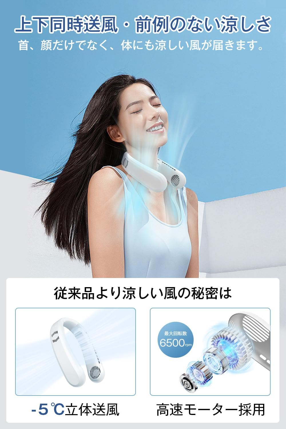 革新型ネッククーラー -20℃瞬間冷却・ペルチェ技術・大容量6000mAh・静音設計・携帯扇風機 (ホワイト)