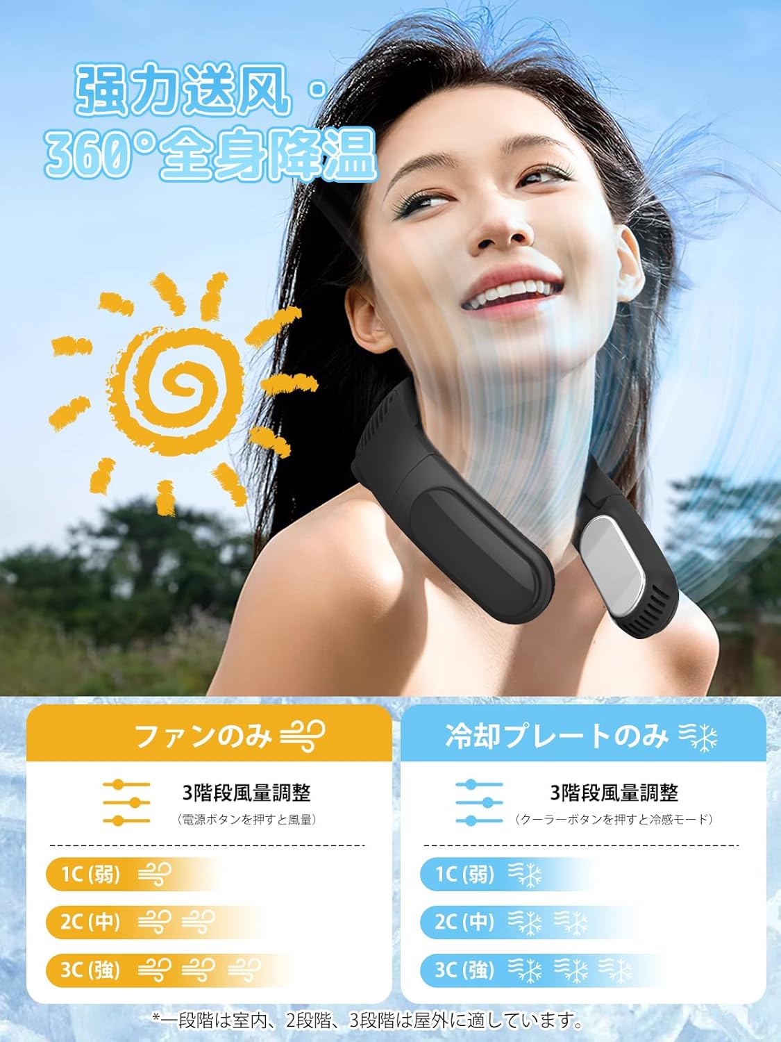 2025年夏新進化 ネックファン -15℃ 瞬間冷却 冷却プレート 携帯型 扇風機 ブラック