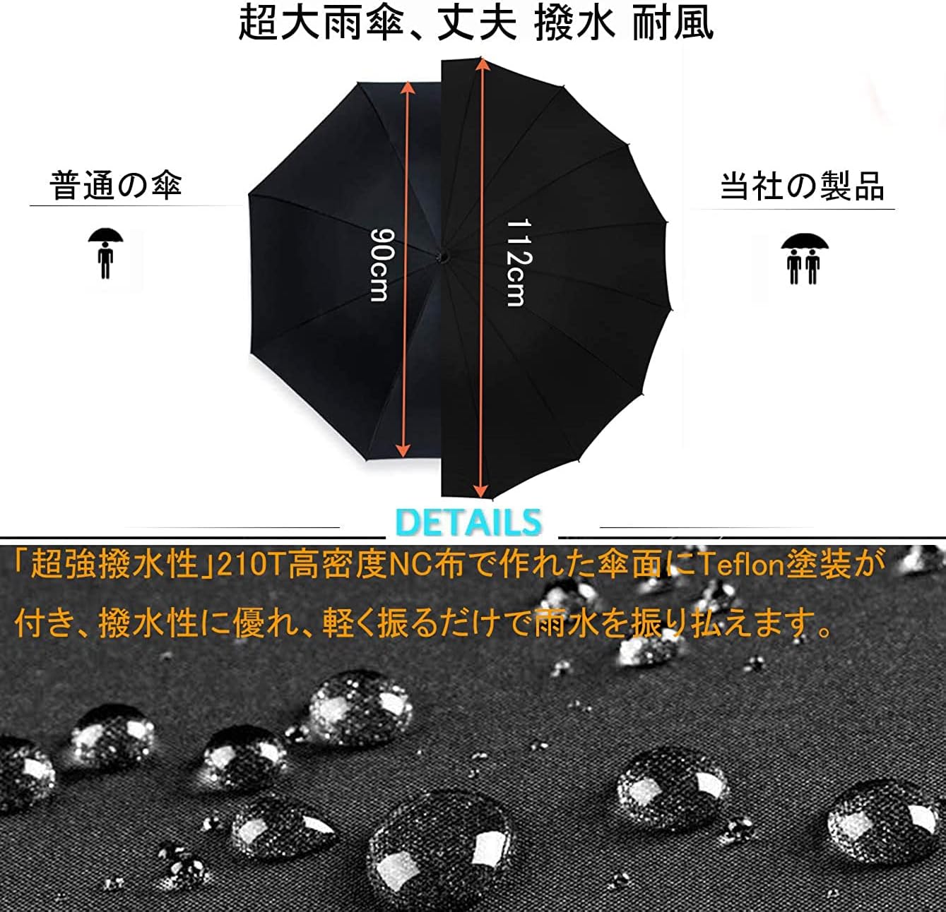 メンズ用軽量16本骨耐風長傘 - 撥水機能付き自動開閉ゴルフ傘、収納ポーチ付き
