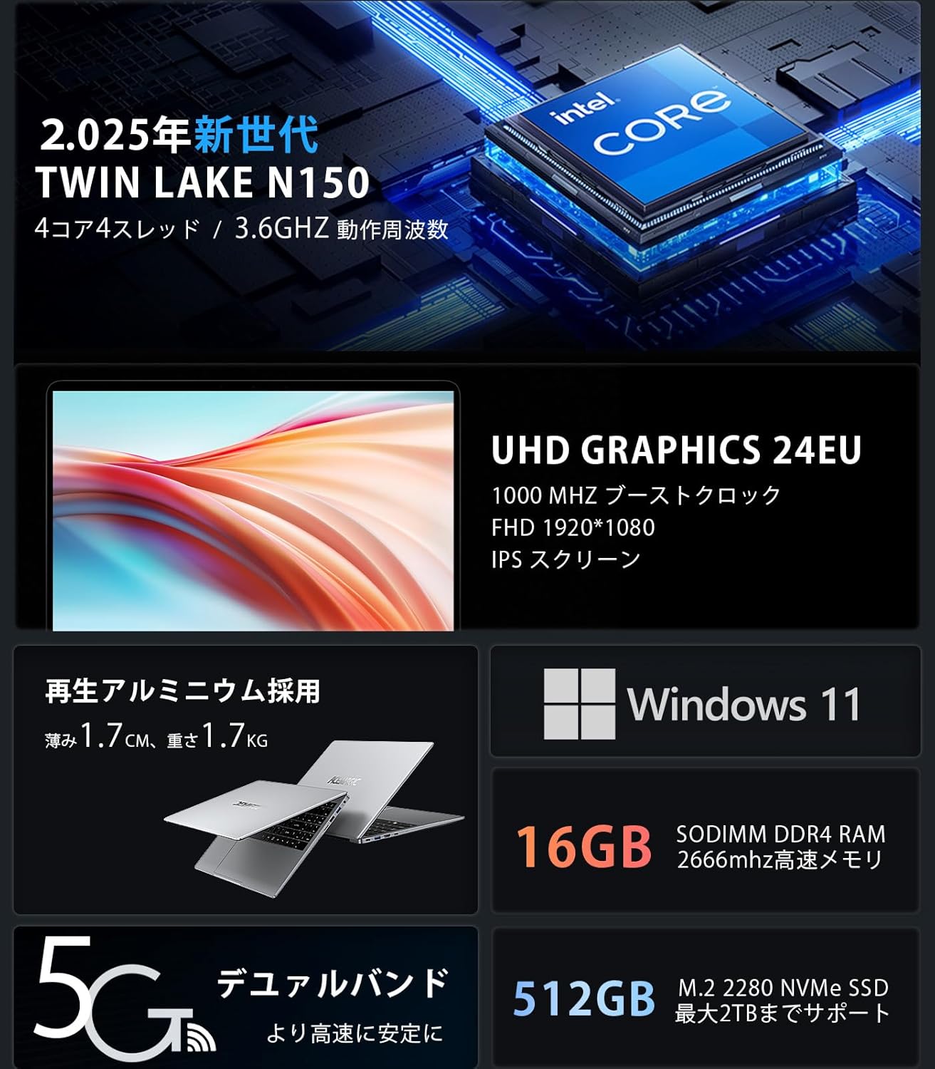 ACEMAGIC N150 薄型ノートPC 15.6インチ Win11 Pro 16GB RAM 512GB SSD フルHD 2025年新型