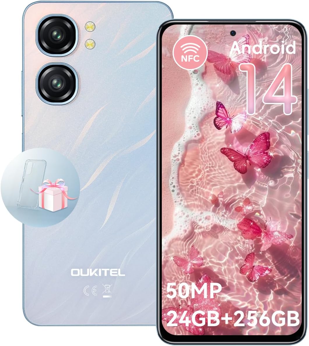 OUKITEL C58 Pro シムフリースマートフォン 6.7インチ 24GB RAM 256GB ROM 1TB拡張可能 5150mAh大容量バッテリー 50MP+8MPカメラ 青