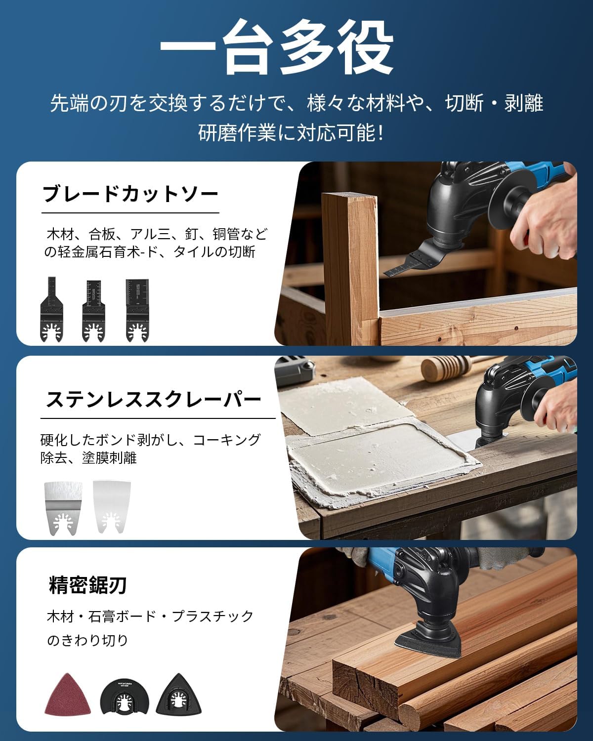 充電式マルチツール 高速切断・研磨・剥離機能 小型・軽量 LEDライト付き