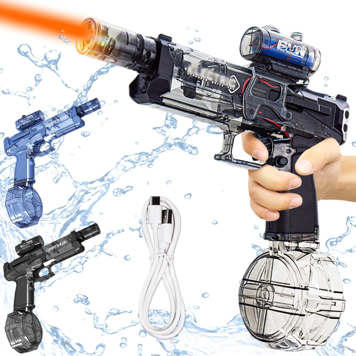 夏祭り＆海水浴用・電動連射式水鉄砲（500mlタンク・8-10m射程・LED発光・防水）