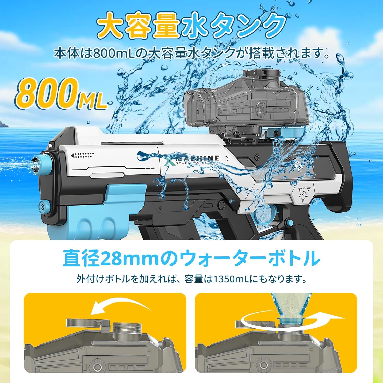 水鉄砲 電動 2WAY発射モード 10m飛距離 LEDライト付き 大容量800ml 子供・大人向け 夏の水遊び道具