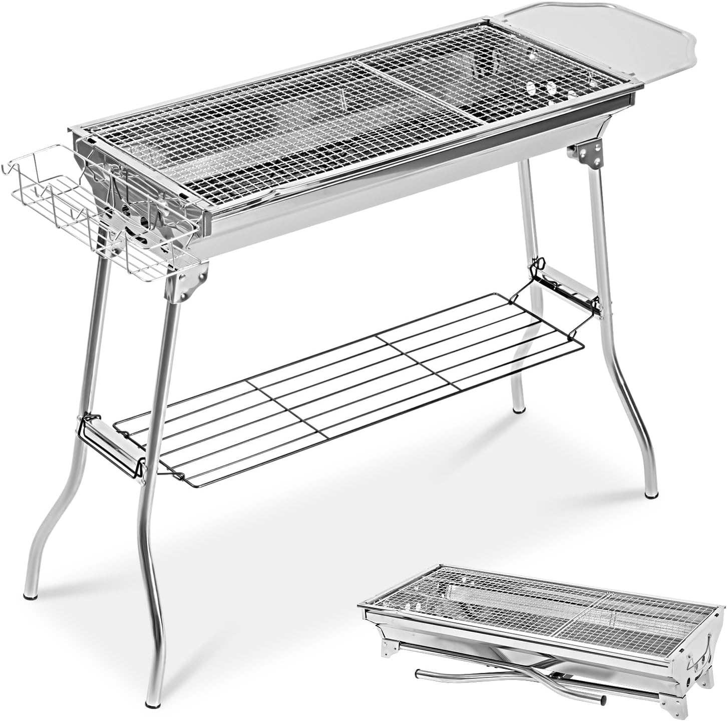 バーベキューコンロ 折りたたみ大型ステンレス BBQグリル 調味料ラック付 73.5cm 大人数用 アウトドアに最適