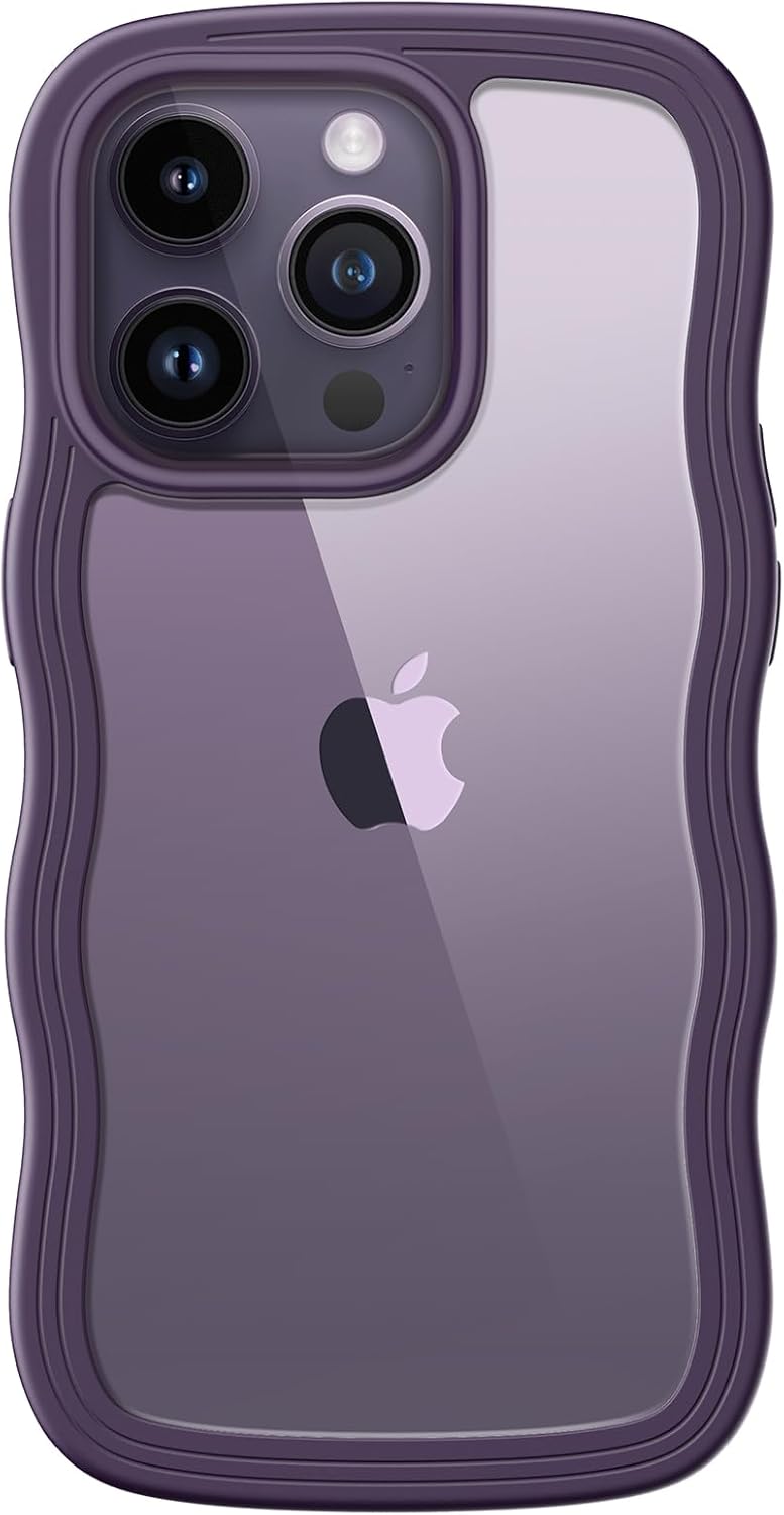 iPhone 14 Pro用 波状フレーム耐衝撃ケース 女性向けクリアハードPC (ディープパープル)