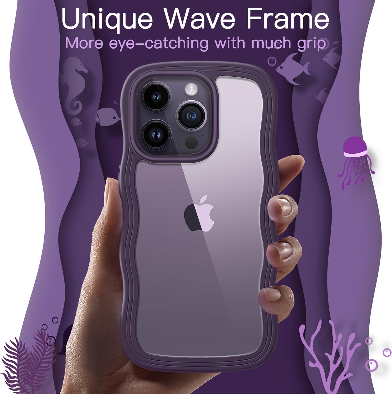 iPhone 14 Pro用 波状フレーム耐衝撃ケース 女性向けクリアハードPC (ディープパープル)