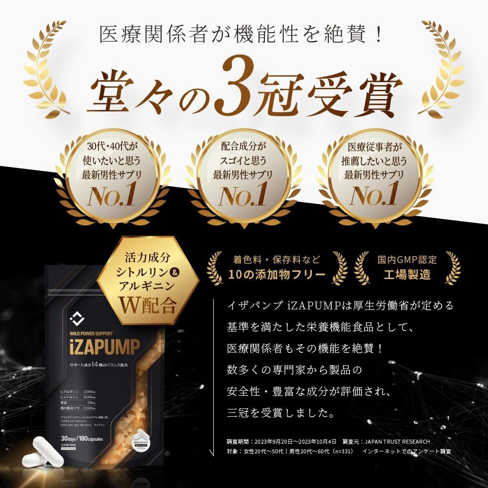 最新男性栄養サプリメント iZAPUMP 亜鉛・シトルリン・アルギニン 30日分 日本製