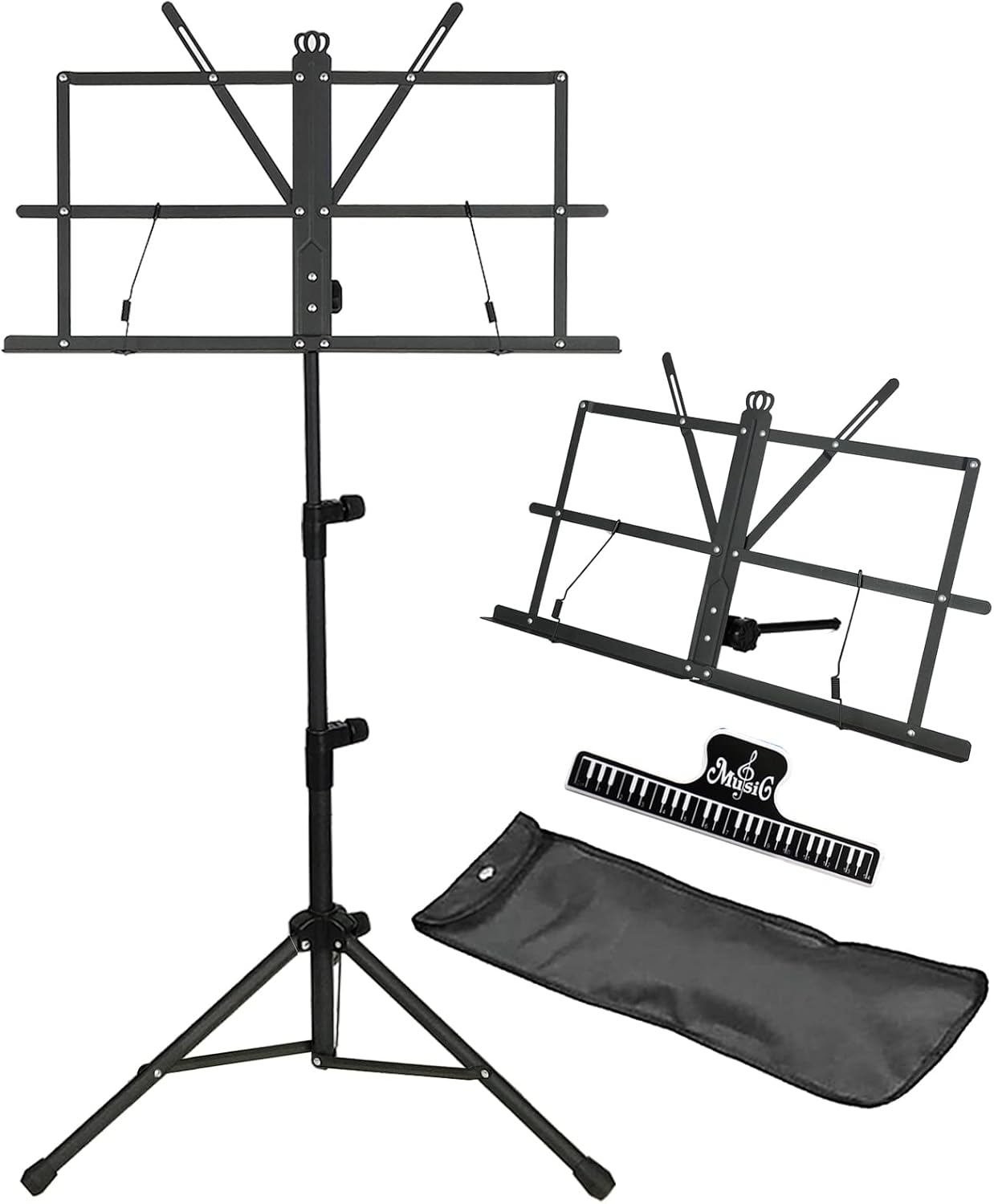 調整可能な譜面台（67~136cm）収納ケース＆クリップ付折りたたみ式