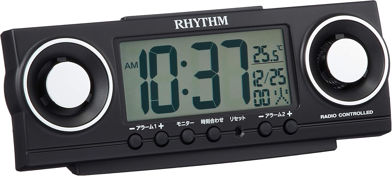 大音量デジタル電波目覚まし時計 ダブルアラーム 黒 20種の音付き