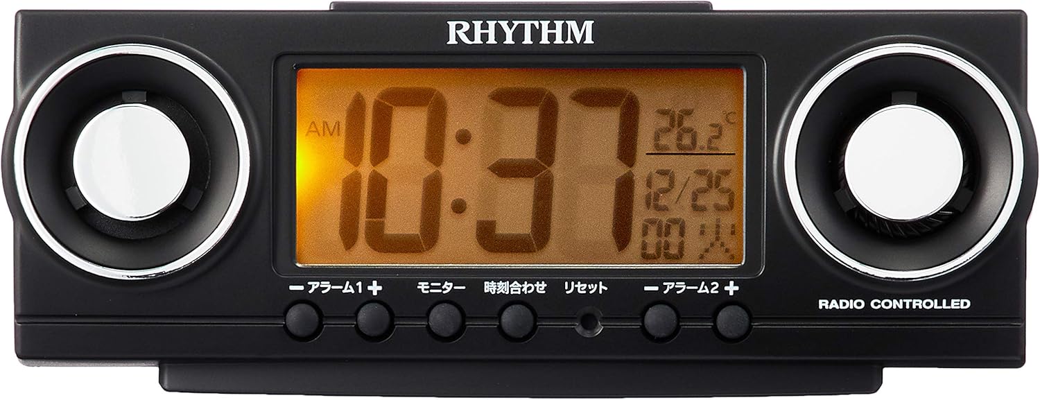 大音量デジタル電波目覚まし時計 ダブルアラーム 黒 20種の音付き