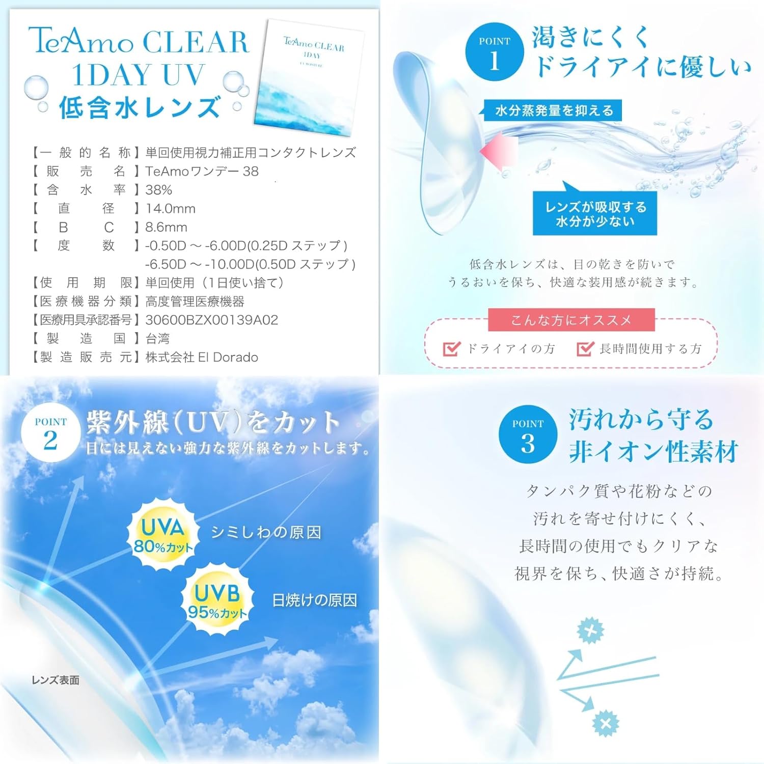 ティアモ 1DAY コンタクトレンズ 高含水 14.0mm 30枚入り -2.00