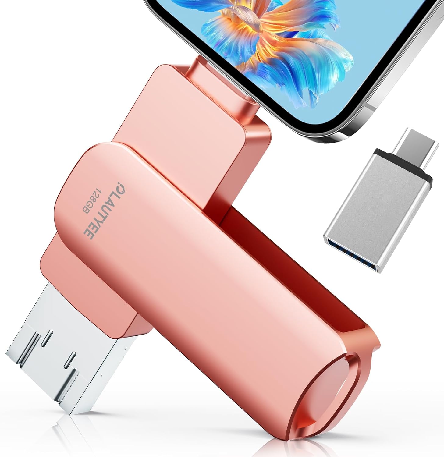 128GB 4in1 USBメモリ 回転式 高速データ保存 iOS/Type-C/Android対応 ピンク