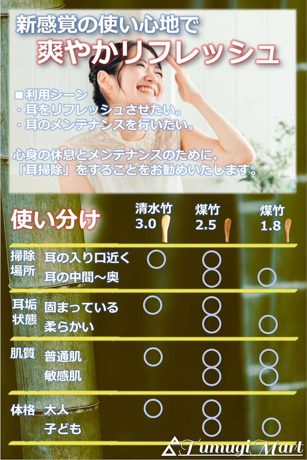 最高級竹耳かき 極細 1.8～3mm 3種類セット【煤竹・清水竹】