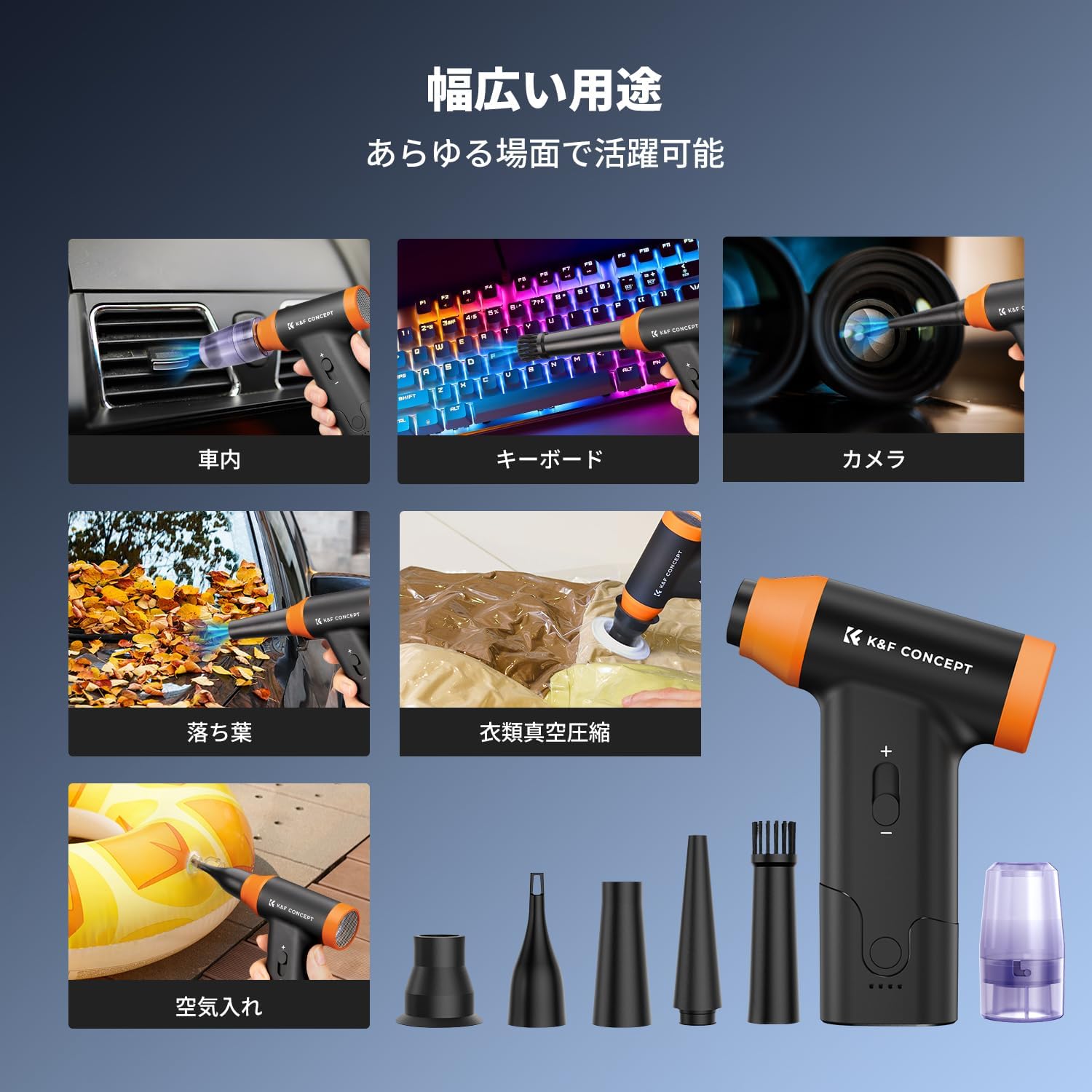 K&F Concept 電動エアダスターブロワー USB-C充電式 150000RPM 6種類ノズル付 大容量バッテリー PC/カメラ/車内掃除用