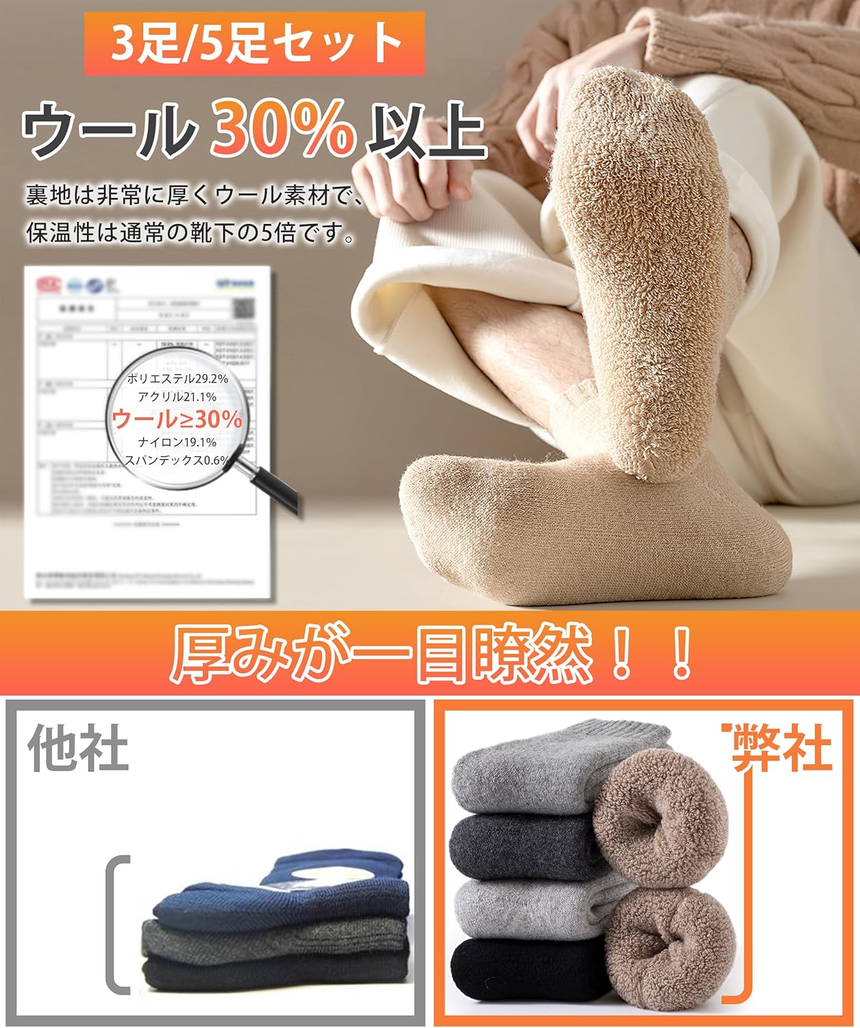 冬用メンズウールソックス（極厚・防寒）3足/5足セット