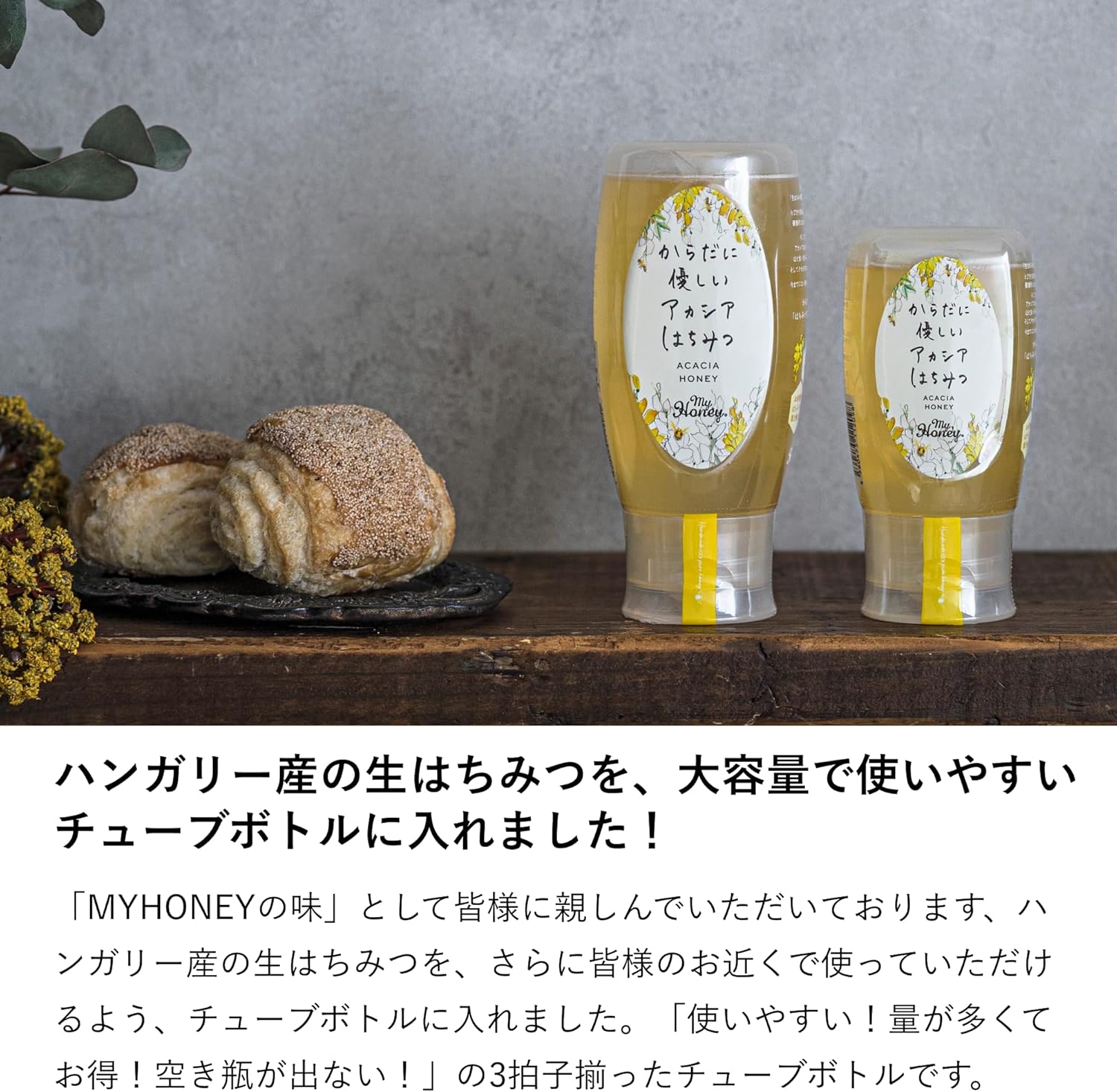 ハンガリー産アカシアはちみつ100％使用 低GI 生はちみつ チューブボトル 500g