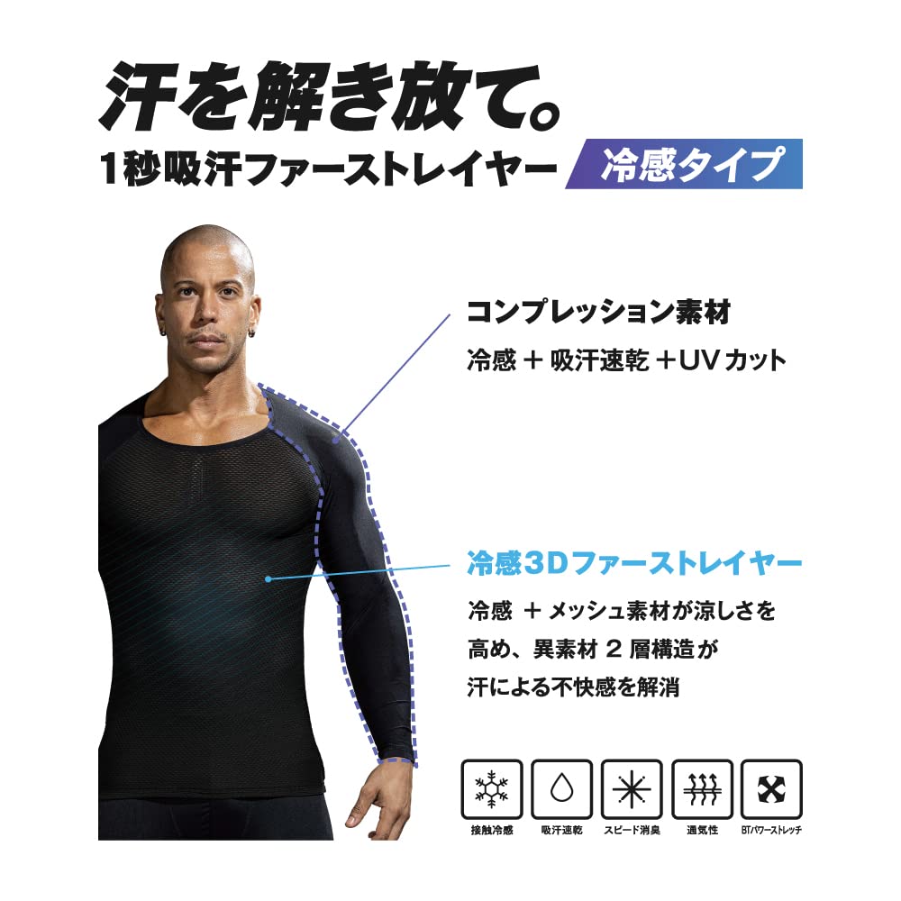 夏用インナー長袖ファーストレイヤー[吸汗速乾・メッシュ素材]ブラック Lサイズ