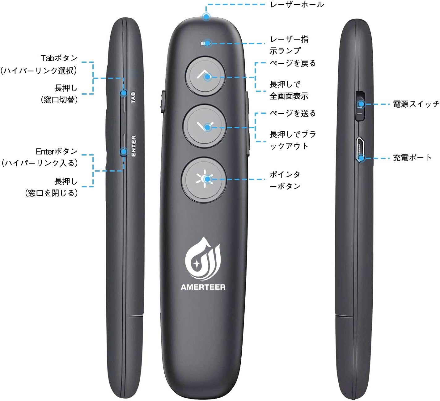 USB充電式レーザーポインター | ワイヤレスPowerPointリモコン | ブラック収納パック付き