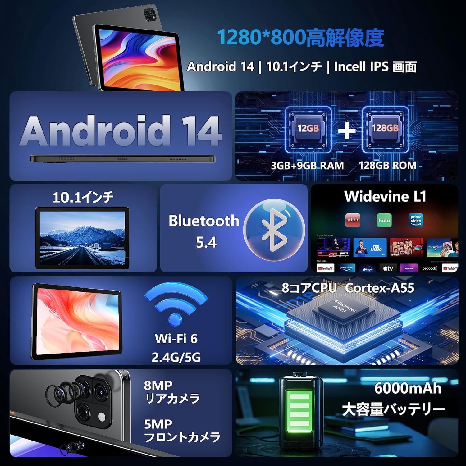 10インチWi-Fiタブレット Android 14 12GB+128GB 6000mAh GMS認証 日本語説明書付