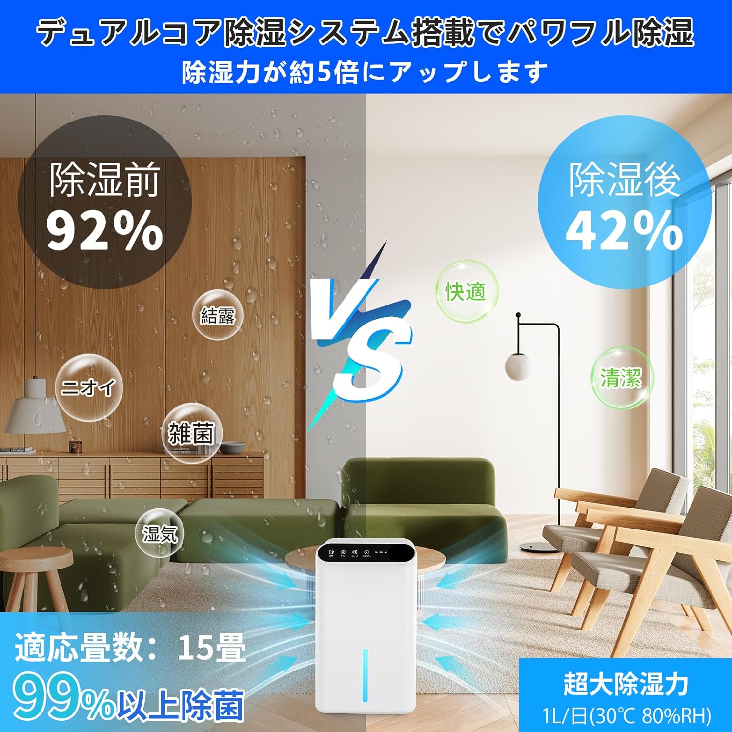除湿機 2.5L大容量 大和室対応 湿気取り・衣類乾燥マイナスイオン付 静音・省エネ設計