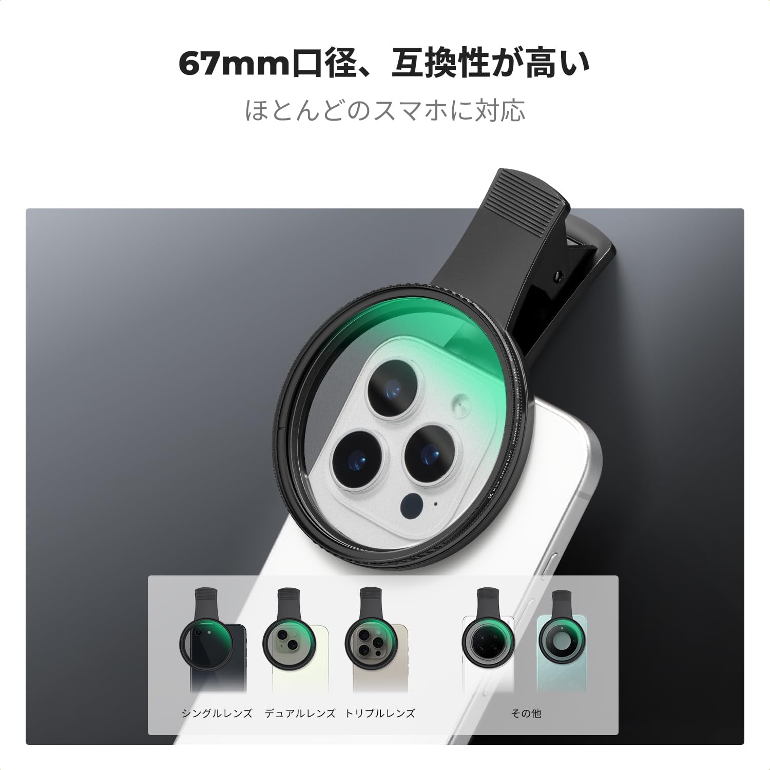 スマホ用CPLフィルター＆グリップキット for iPhone 11-16【67mmフィルター交換可・反射抑制】