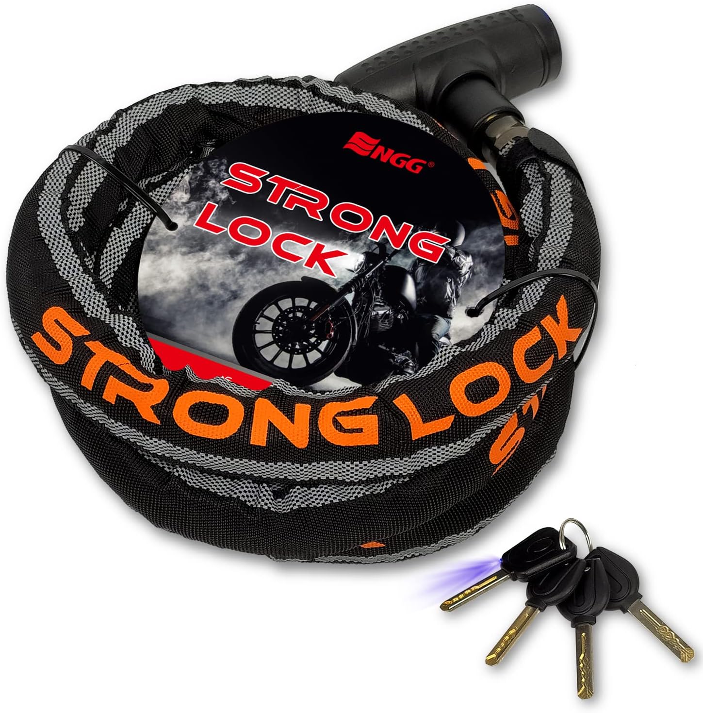 頑丈なバイク用スチールリンクロック 1800mm 二重防塵 LEDライト付き【ストロングロックVer2.0】